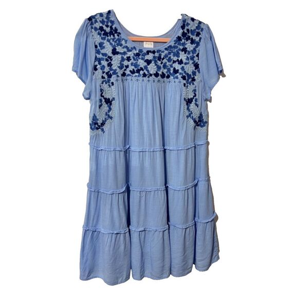 J. Marie Womens Blue Floral Embroidered Tiered Fit & Flare Dress Size Medium - Picture 1 of 9